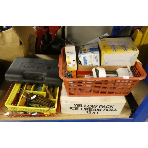 124 - Assorted Tools, Light Bulbs, Scales etc