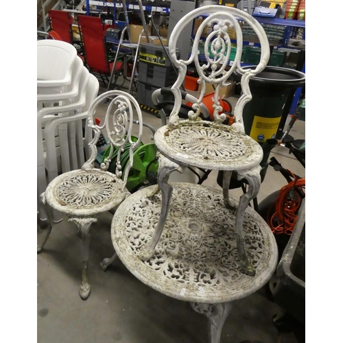 57 - Pair Of Painted Metal Garden Chairs & Coffee Table