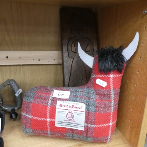 657 - Carved Wooden Panel & Harris Tweed Highland Cow Door Stop