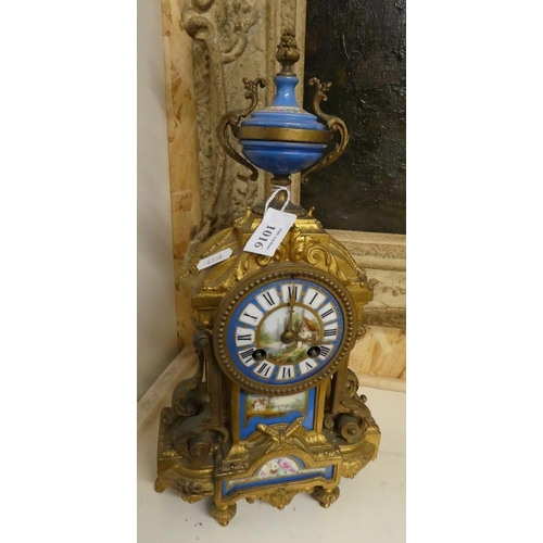 1016 - French Antique Mantel Clock with Painted Porcelain Panels.