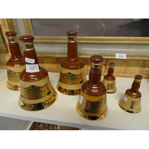 1027 - Six Bells Scotch Whisky Decanters, various sizes, all full.