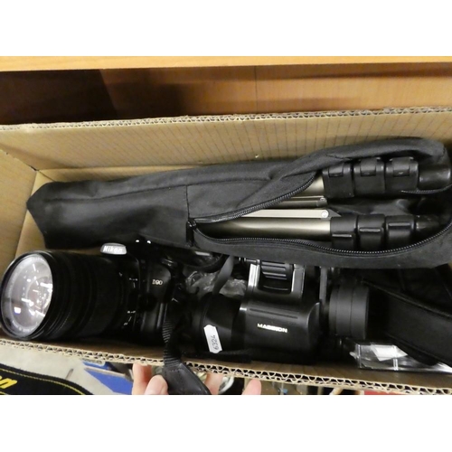 1127 - Box - Binoculars, Nikon Camera, Tripod etc.