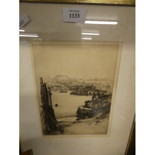 1133 - Framed Etching - Oban Looking Towards McCaigs Folly by Joan M Garden, approx 16 x 22cm.