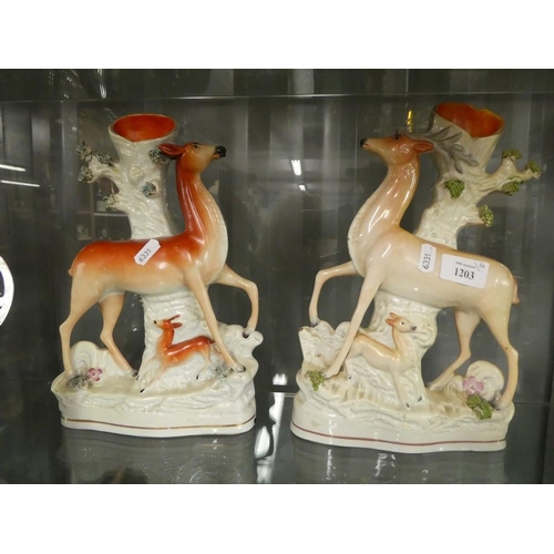 1203 - Pair of Antique Staffordshire Deer Flatback Vases.