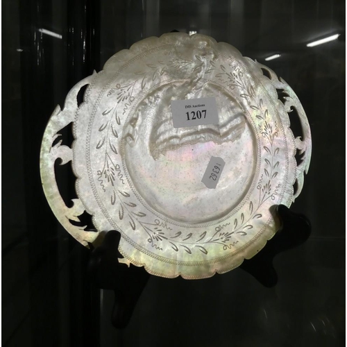 1207 - Carved & Engraved Mother of Pearl Shell, approx 21cm across.