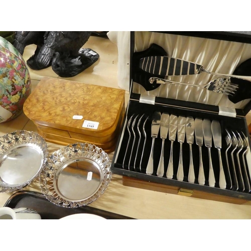 1345 - Box - Silverplated Fish Forks & Knives, Walnut Jewellery Box etc.