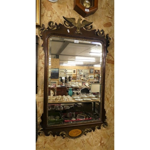 1570 - 19th Century Antique Mahogany Fret-Cut Wall Mirror with Eagle surmount & oval satinwood inlaid shell... 