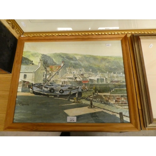 1574 - Framed Watercolour - Fishing Village, Signed Corrie, approx 48 x 38cm.