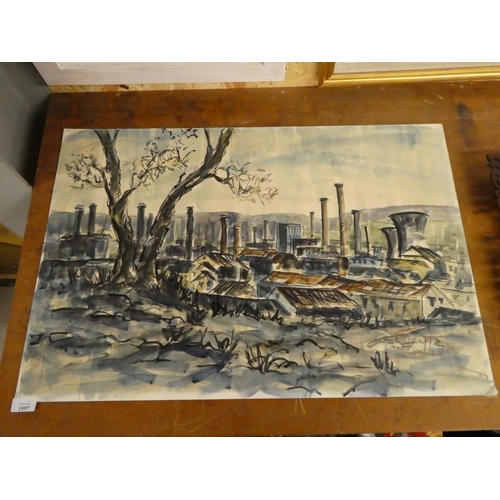 1597 - Unframed Watercolour - Industrial Landscape, Ashley Jackson, approx 80 x 55cm.