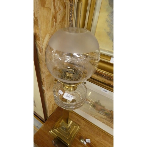 2016 - Victorian Oil Lamp - Square Brass Column on Stepped Base, Facet Cut Glass Reservoir and Etched Shade... 