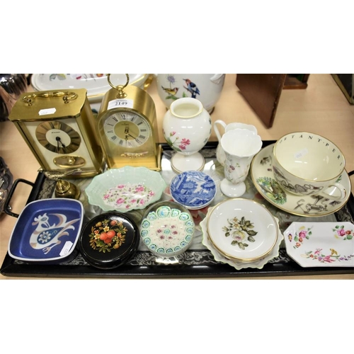 2149 - Tray Lot Modern Clocks, Italian Glass Paperweight etc