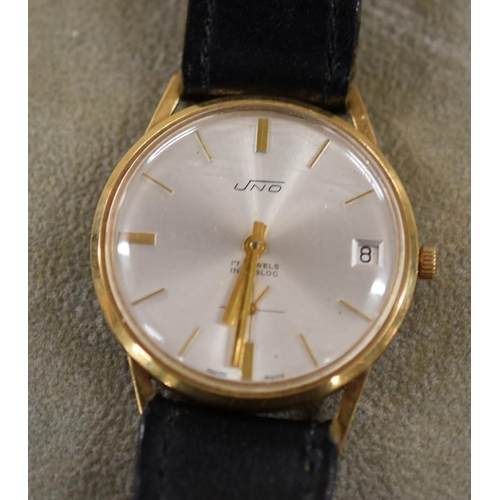 2176 - 9ct Gold Uno Wristwatch with Black Leather Strap