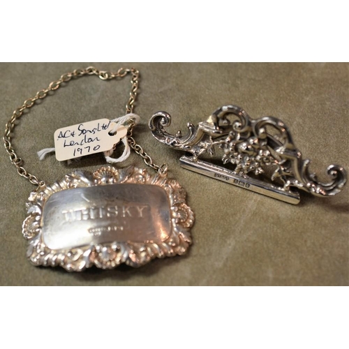 2198 - London Silver Whisky Decanter Label & Birmingham Silver Vine Decorated Dinner Table Place Setting.