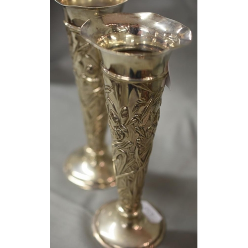 2208 - Pair London Silver Tapered Cylindrical Flower Tubes, decorated with flowers and foliage, weighted ba... 