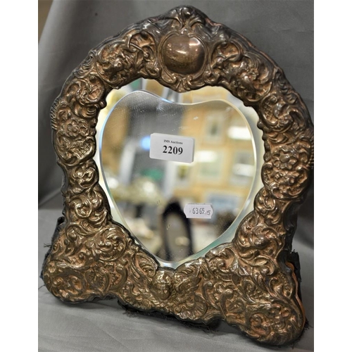 2209 - Embossed Silver Framed Heart Shaped Dressing Mirror, 27cm tall.