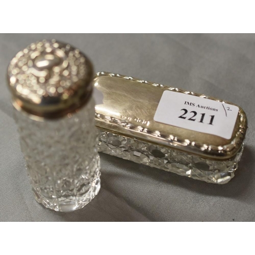 2211 - Two Glass Pin Boxes with Embossed Silver lids.