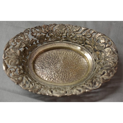 2230 - Foliate Pierced White Metal Sweet Meat Dish, approx 15cm across.