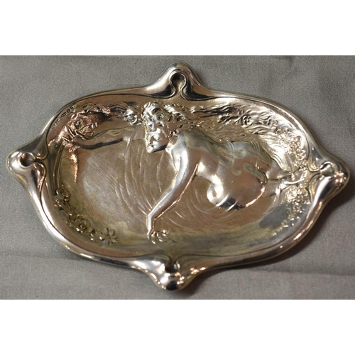 2234 - Continental 925 Silver Art Nouveau Pin Dish, decorated with Water Nimph, approx 15.5cm, 3.4oz troy.