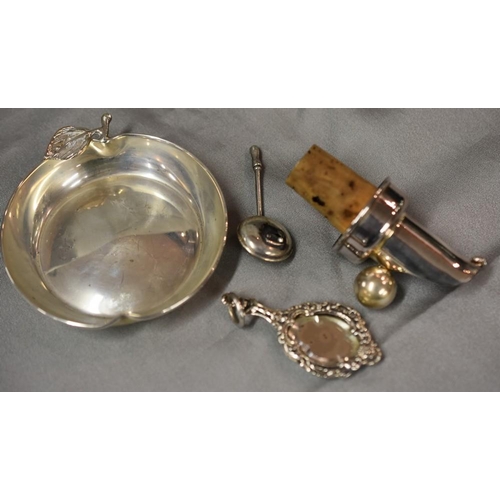 2235 - Assorted Silver Items - Pin Dish, miniature Hand Mirror, Miniature Bed Warmer & silverplated wine po... 