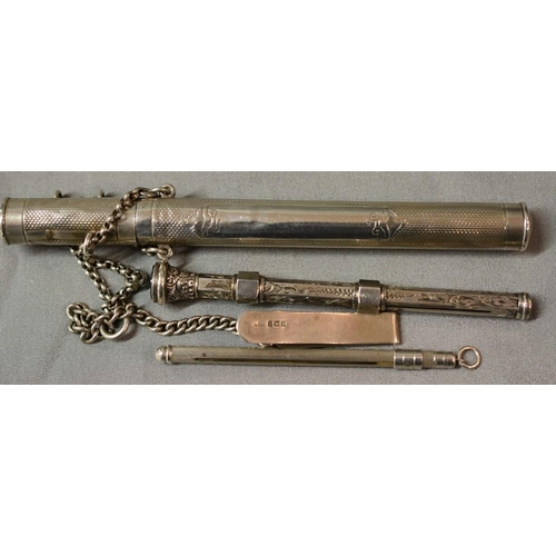 2238 - Antique Engine Turned Cylindrical Case with Belt Clip (chatelaine), Sterling Silver Propelling Penci... 