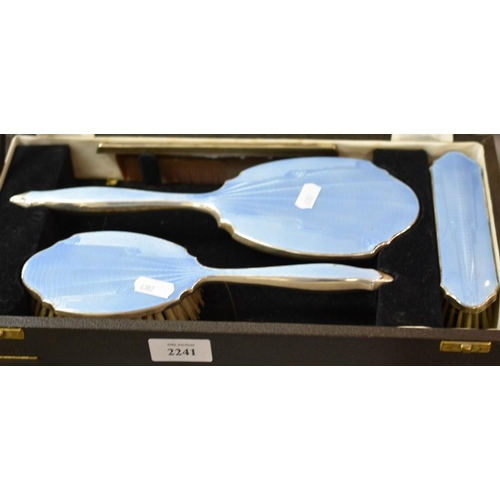 2241 - White Metal & Powder Blue Guilloche Enamel Brush Set in Fitted Case.