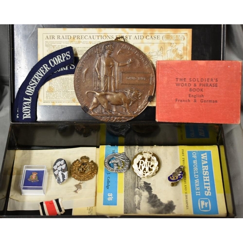 2292 - Japanned Metal Box - WWI Death Plaque, Military Cloth & Metal Badges & Ephemera.