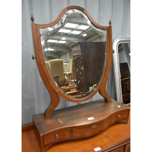 3008 - Edwardian Inlaid Mahogany Shield Shaped Dressing Mirror on Three Drawer Base.