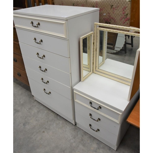 3057 - Vintage 6 Drawer Chest, Bedside & Dressing Mirror