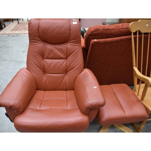 3155 - Rust Coloured Leather Reclining/Swivel Chair & Matching Stool