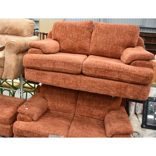 3164 - Pair Of Rust Coloured Fabric 2 Seat Sofas & Matching Footstool