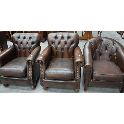 3170 - 3 Thomas Lloyd Brown Leather Button Back Armchairs