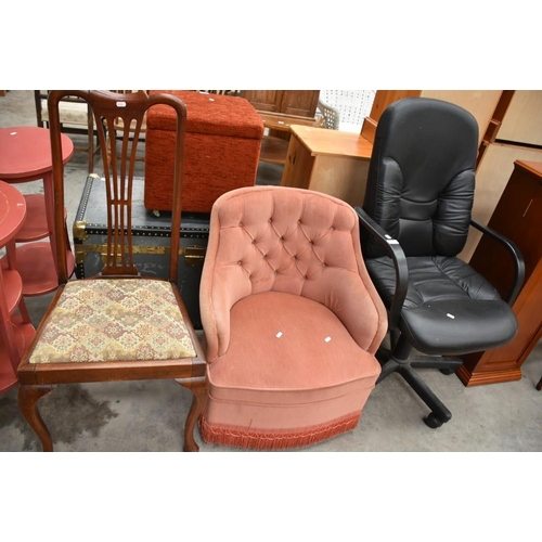 3256 - Computer Chair, Mahogany Dining Chair & Fabric Tub Chair