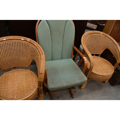 3263 - Pair Of Wicker & Bamboo Conservatory Chairs & Pine Rocking Chair