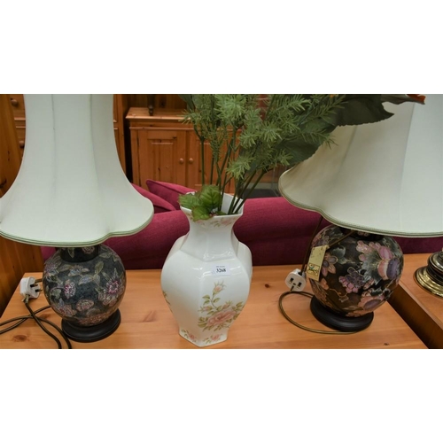 3268 - 2 Chinese Lamps/ Shades & Floral Vase With Artificial Flowers