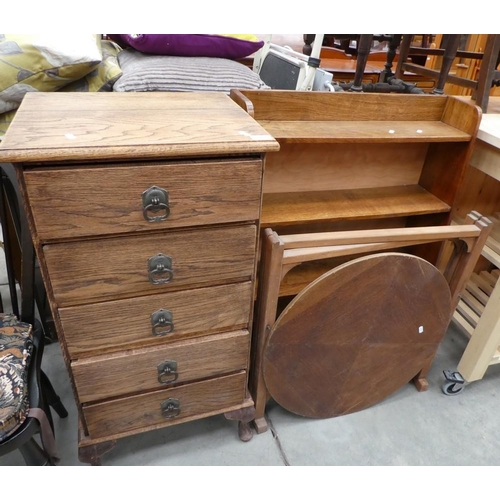 3306 - Oak 5 Drawer Chest, Oak Bookcase & Oak Card Table