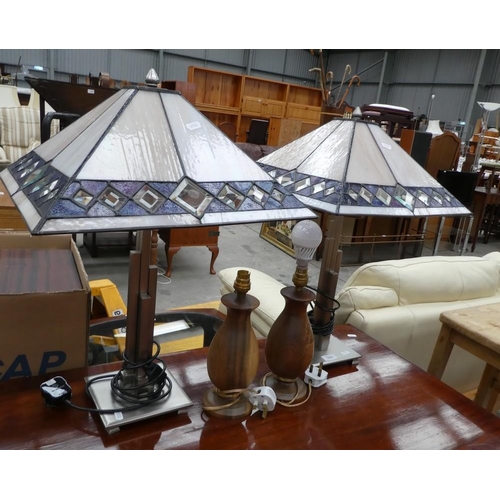 3423 - Pair Of Metal Lamps With Art Deco Leaded Glass Shades & Pair Of Turned Wooden Table Lamps