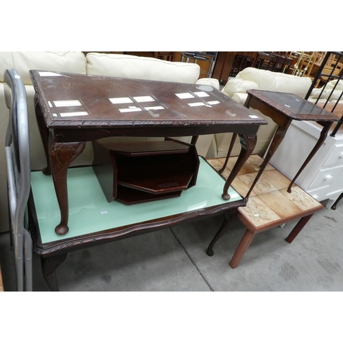 3427 - 3 Mahogany Queen Anne Coffee Tables, Magazine Rack, Folding Chair & Tile Top Coffee Table