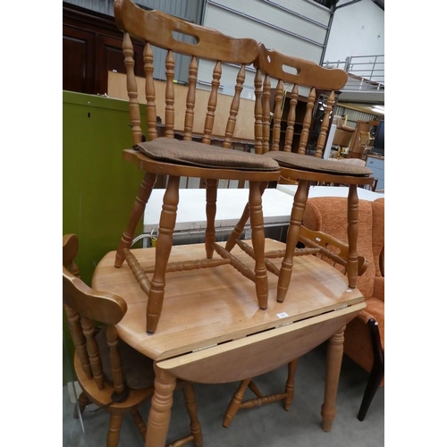 3443 - Beech Drop Leaf Kitchen Table With 4 Spar Back Chairs With 4 Seat Pads