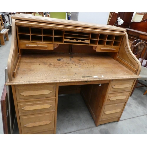 3446 - Oak Roll Top S Shaped Twin Pedestal  Desk