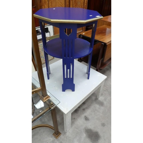 3459 - Blue Painted Art & Crafts Occasional Table & Low Square Lamp Table