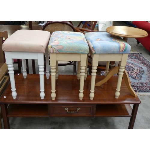 3597 - Mahogany Coffee Table, Beech Wine Table & 3 Dressing Stools