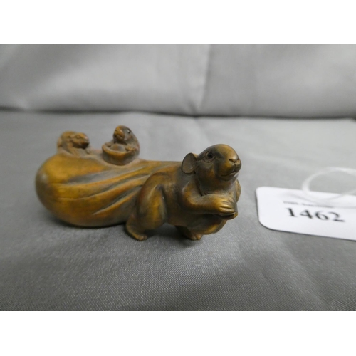 1462 - Japanese Carved Wood Netsuke - Rat Dragging Sack & Offspring, signed.