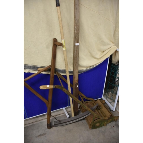 16 - Vintage Lawnmower, Sythe, Shunter Pole & Lawn Rake