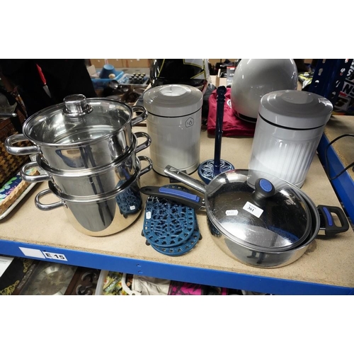 361 - Stainless Steel Pots & Pans, Cast Iron Trivet etc.