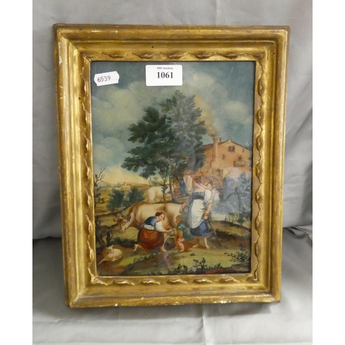 1061 - Framed Antique Reverse Painted Glass Panel, approx 17 x 23cm.