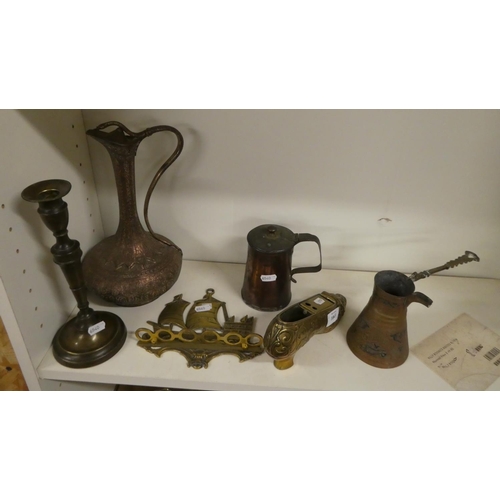 1063 - Middle Eastern Engraved Copper Ewer, Brass Shoe, Copper Tankard etc.