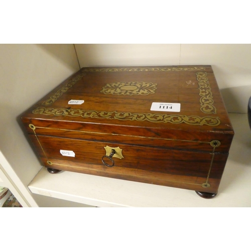 1114 - Victorian Rosewood & Brass Inlaid Sewing Box & Contents (tools etc), approx 28cm across.