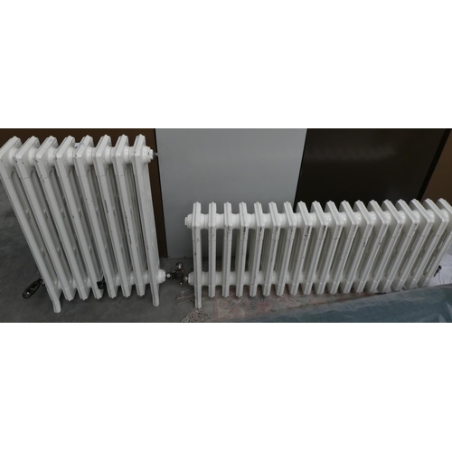 3421 - 2 Vintage Cast Iron Radiators - Low Radiator approx 111cm wide x 51cm tall & 15cm deep, - Upright Ra... 