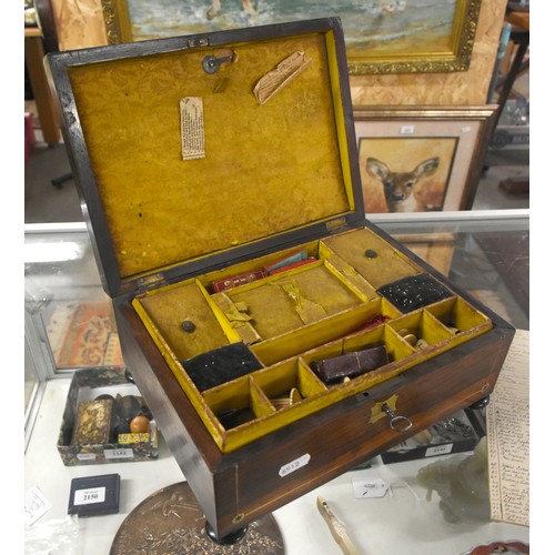 1114 - Victorian Rosewood & Brass Inlaid Sewing Box & Contents (tools etc), approx 28cm across.