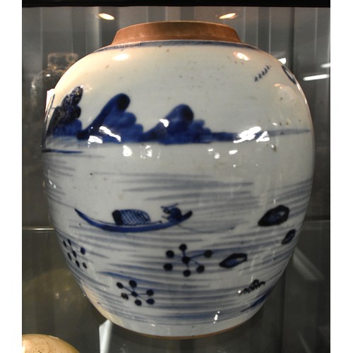 1302 - Large Chinese Underglazed Blue Ginger Jar (no cover), approx 22cm tall.